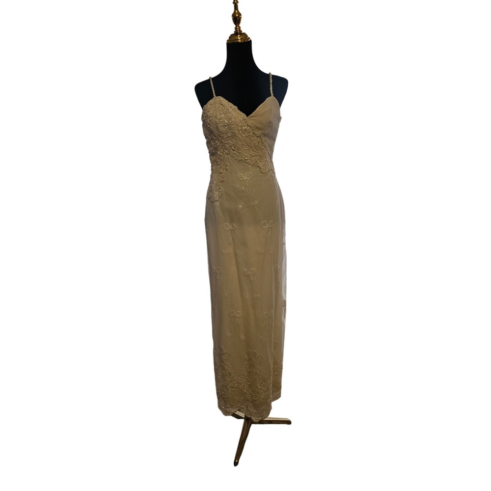 Floranna Alta Moda Roma Lace Beaded Spaghetti Strap Ivory Evening Gown 44/12
